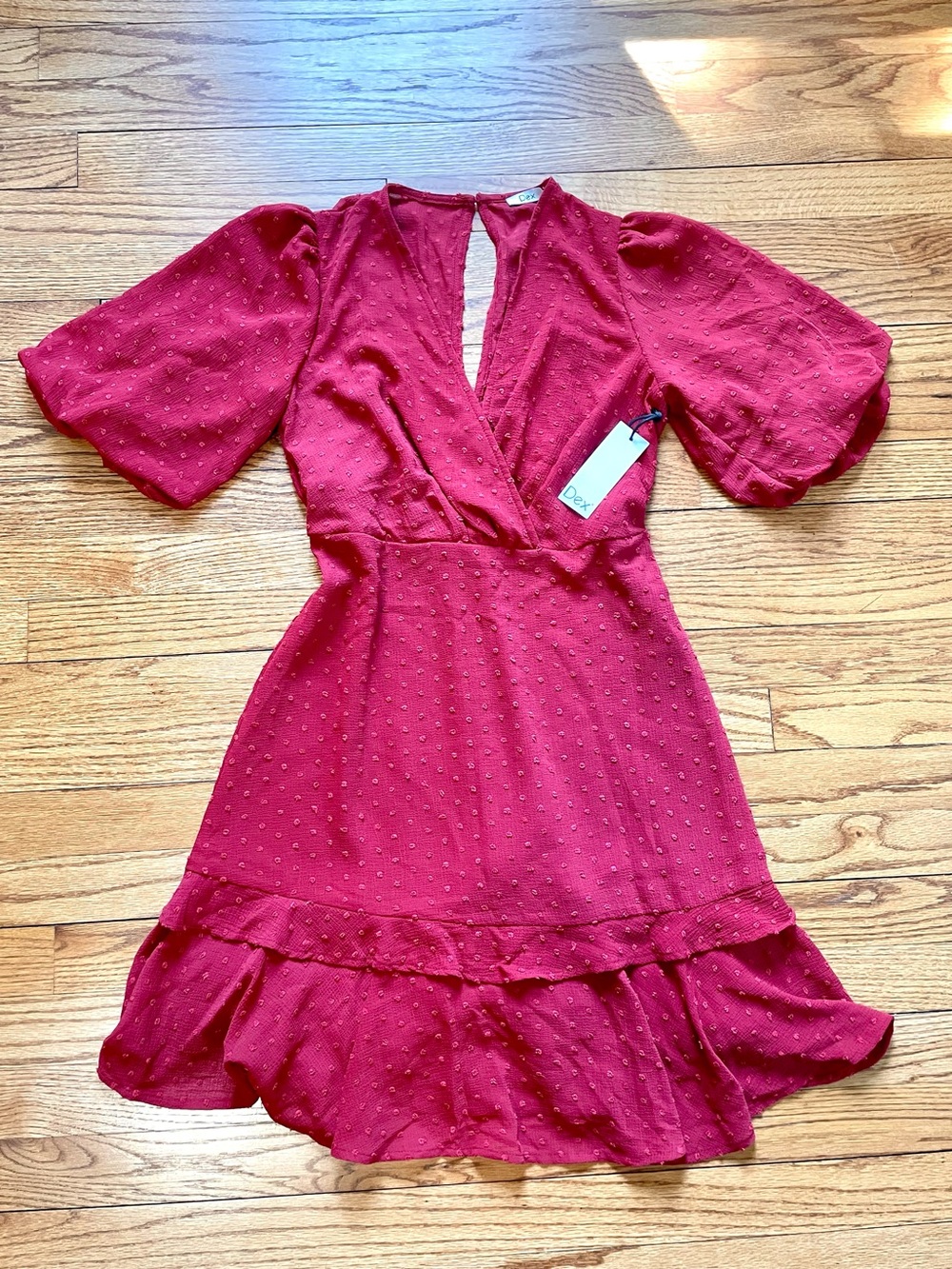 NWT Dex Puff Sleeve Swiss Dot Wine Red Chiffon Dress S